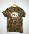 PEC Oval design on Camo tie dye brown green unisex t-shirt prince edward county