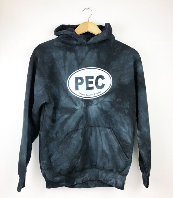 PEC oval design on black spider tie dye unisex hoodie prince edward county