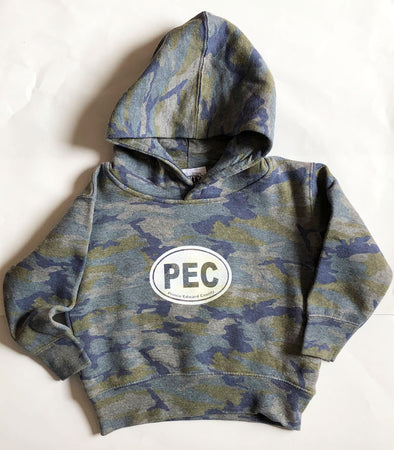vintage camo toddler hoodie with white pec oval prince edward county design