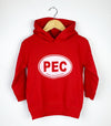 red toddler hoodie with no cord with pec oval prince edward county screen printed design
