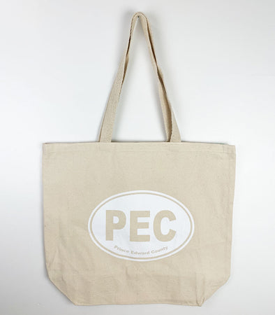 pec oval on natural canvas tote prince edward county