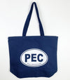 pec oval on navy blue canvas tote prince edward county