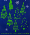 county brand flour sack tea towel with holiday christmas trees in green and blue background close up