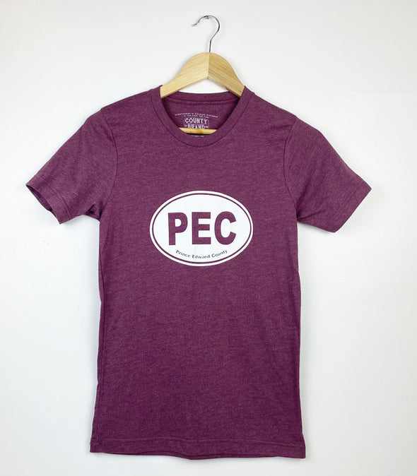 white PEC oval on maroon burgundy heather unisex t-shirt prince edward county