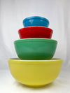 Full Set (4) PYREX Primary Colour Mixing Bowls.  Classic vintage bowls, so great to use! Blue 401 1.5pt, Red 402 1.5qt, Green 403 2.5qt, Yellow 404 4qt. 