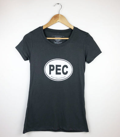 pec oval prince edward county white design on dark grey women's scoop crew neck t-shirt