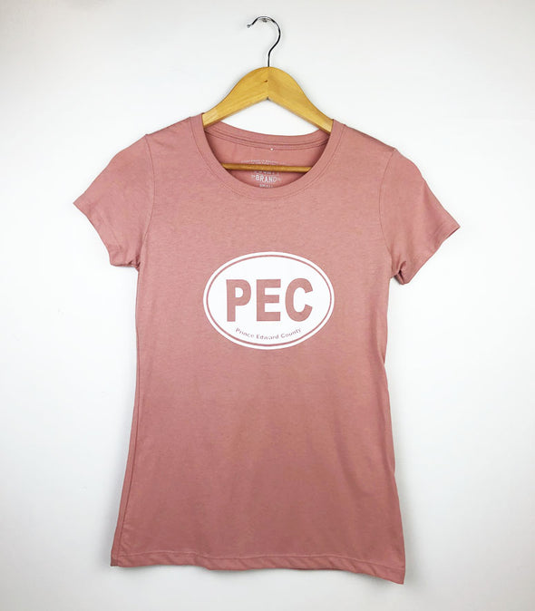 pec oval prince edward county white design on desert rose pink women's scoop crew neck t-shirt