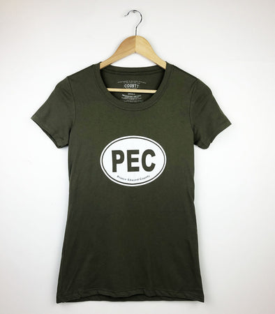 pec oval prince edward county white design on military green women's scoop crew neck t-shirt