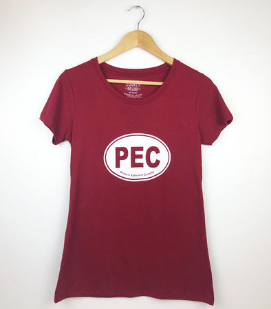 pec oval prince edward county white design on cardinal red women's scoop crew neck t-shirt