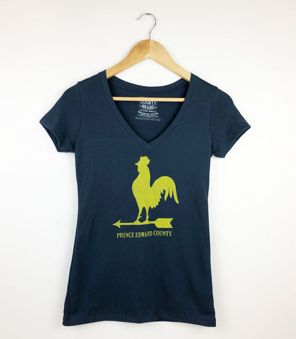 pec prince edward county yellow rooster weathervane image on a women's indigo blue v-neck t-shirt