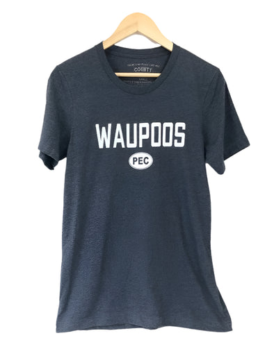 waupoos pec collegiate style unisex t-shirt navy heather with white ink
