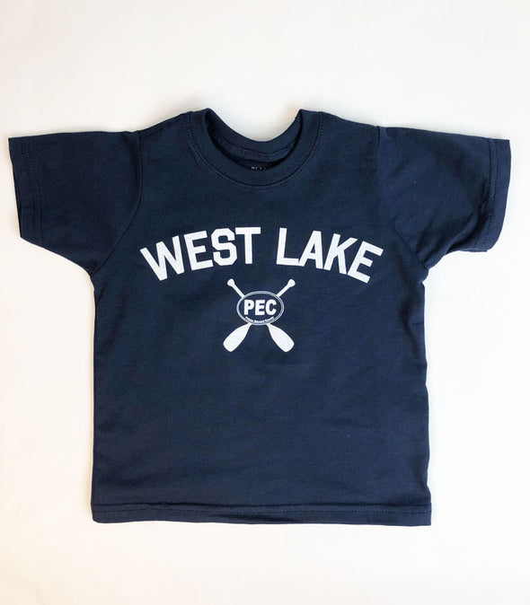kids navy blue t-shirt with west lake oar pec oval design in white prince edward county
