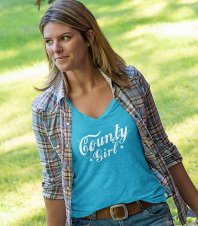 women's county girl text v-neck t-shirt in turquoise blue prince edward county