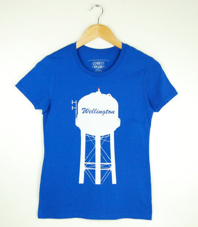 women's royal blue t-shirt with wellington ontario watertower water tower pec prince edward county