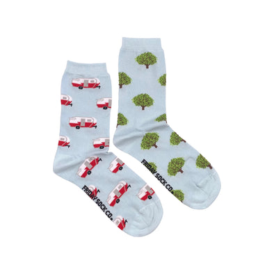 blue women's crew socks with red rv camper and tree mismatched by friday sock co